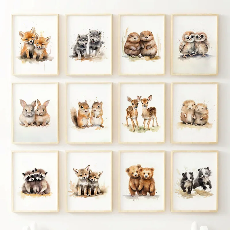 Multi-size 1PC frameless high-definition decorative paintings,Rabbit Fox Owl Deer Wolf Bear Cub Wall Art Canvas Painting Nordic