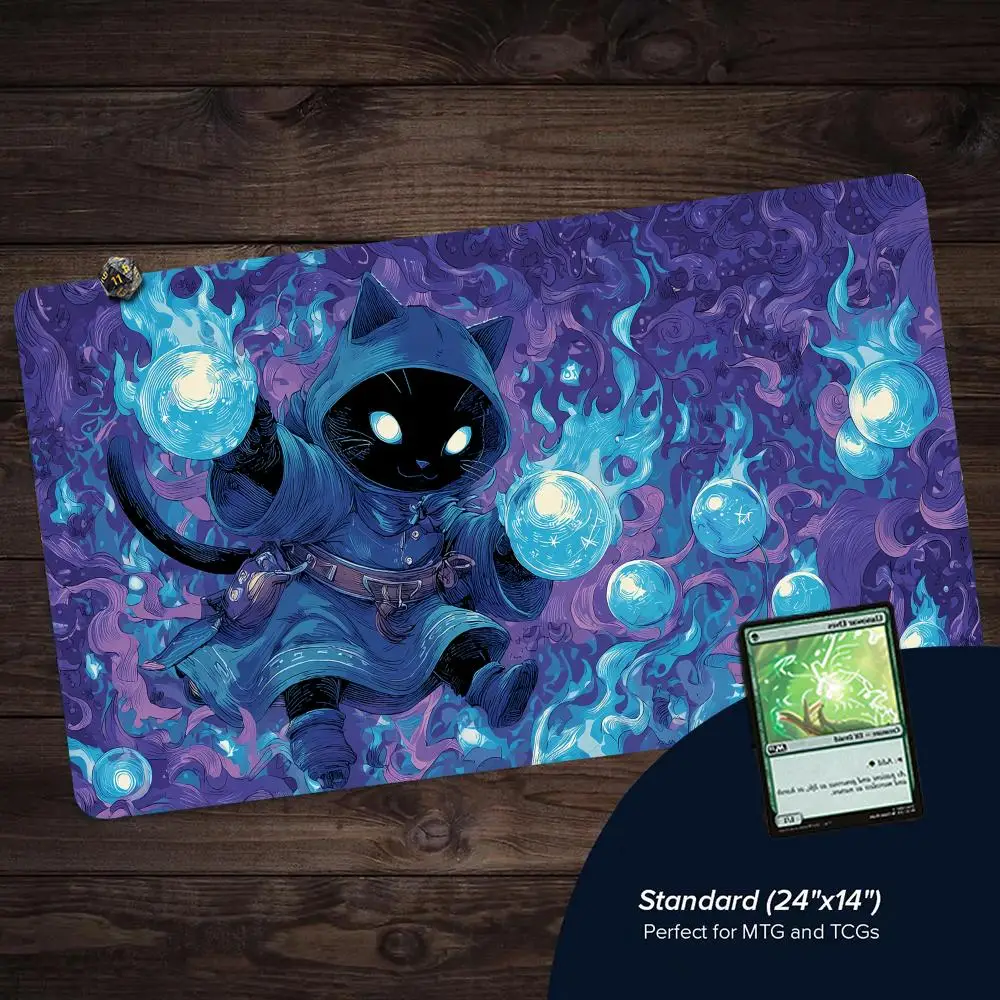 Blue Cloak Black Cat Wizard Design TCG Playmat Magic Card Battle Mat Non-Slip Stitched Edge Tapete Magic mat Tabletop Playmat