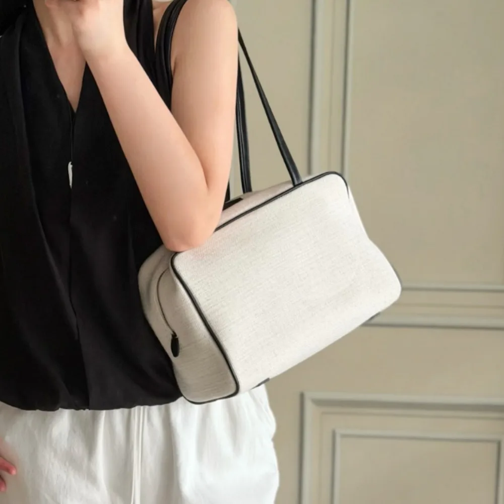 Bowling Bag Cotton and Linen Canvas Cowhide Briefcase Portable Commuter Shoulder Armpit Texture Unique Fashion Simple Casual