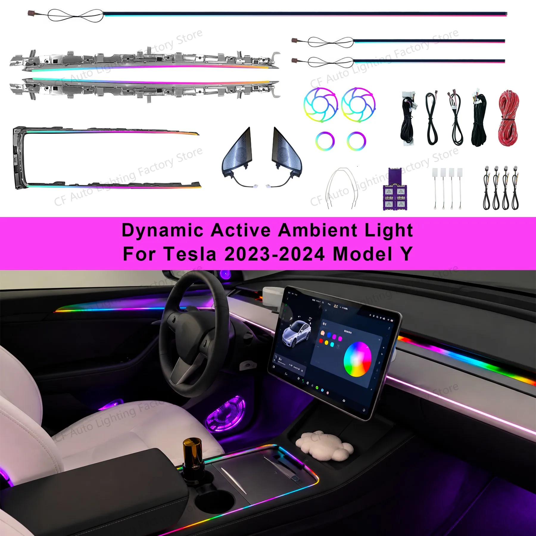 CF Dynamic Active Ambient Light For Tesla Model Y 2023-2024 RGB LED Interior Light Strip Dashboard Decorative Lighting Kit