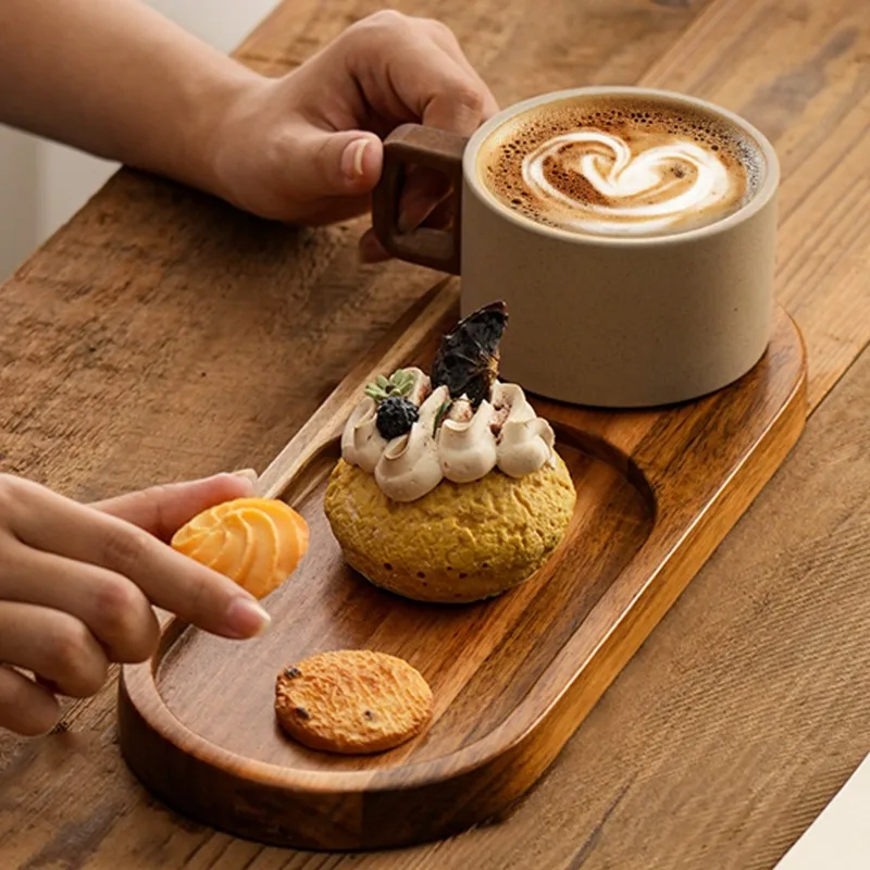 Vintage Rustic Ceramic Coffee Cup Snack Plate Home Afternoon Tea Pastry Teacup with Wooden Joined Handle Coffee Cup Office Mug