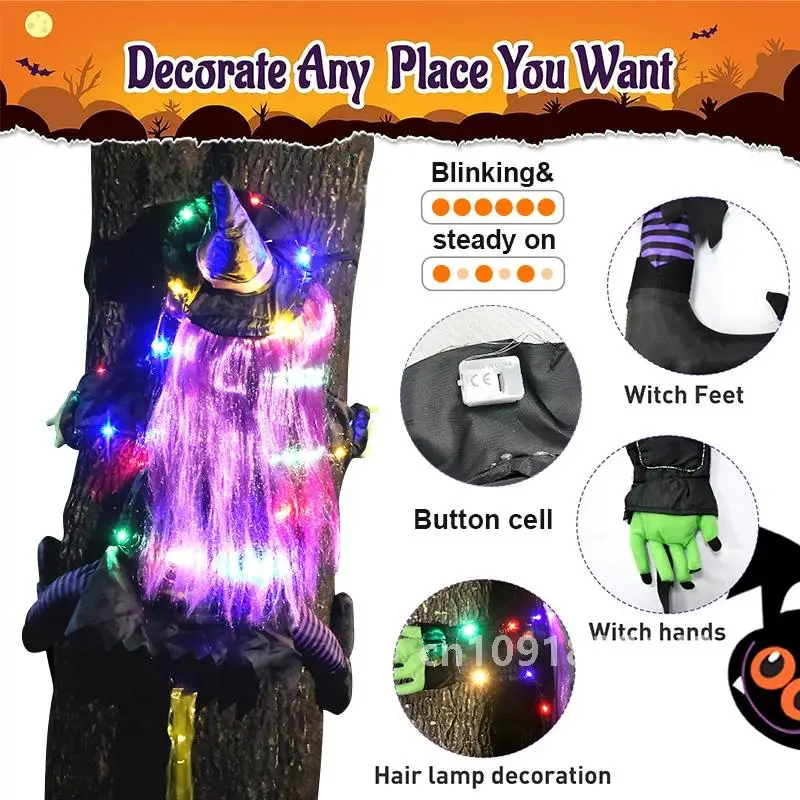 2 Modes Halloween Crashing Witch into Tree Decoration Halloween Light Up Hanging Decorations with Glowing Luminous Warning Sign