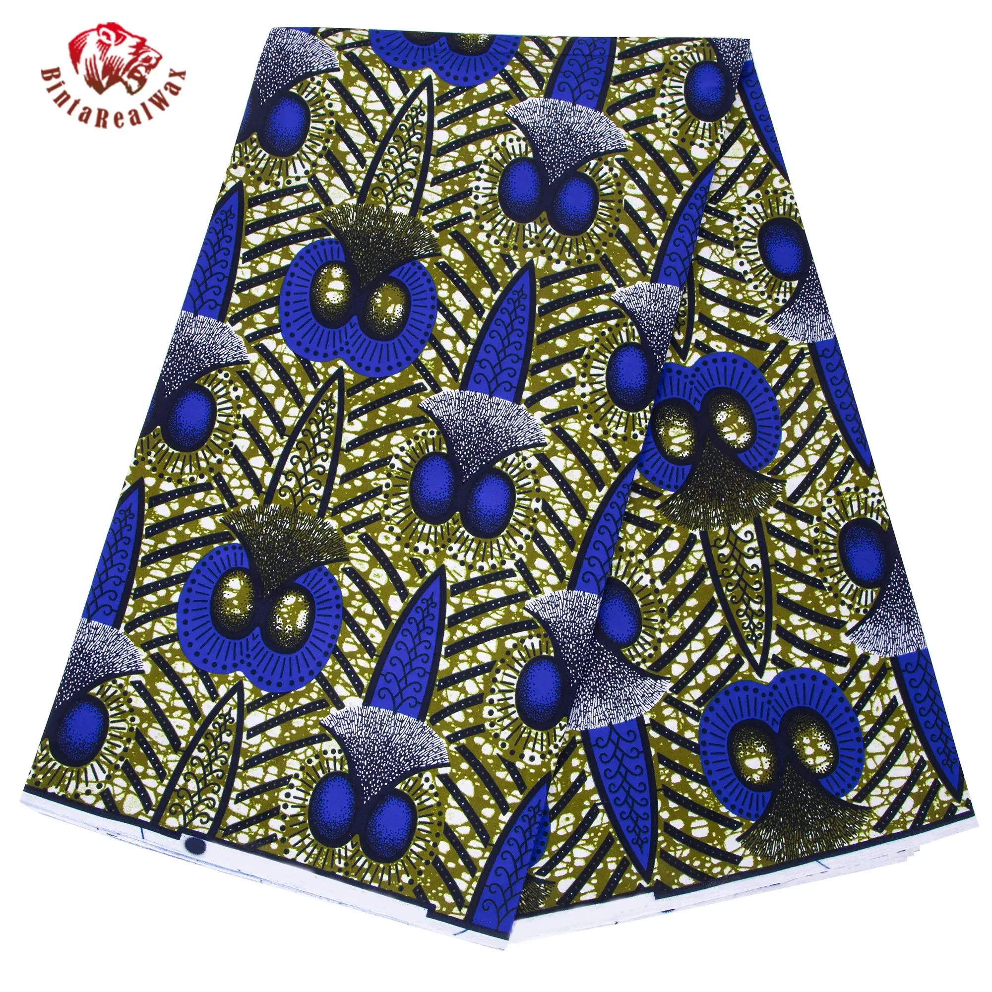 African Style Cotton Wax Print Fabric, Binta Realwax Original Design, Blue Yellow Geometric Pattern 24fs1604