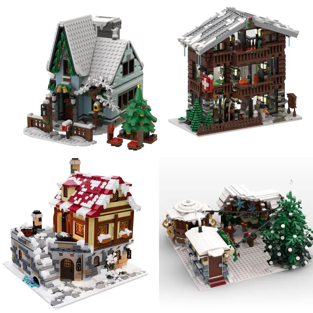 MOC Christmas Snow Houseฤดูหนาวสถาปัตยกรรมอาคารบล็อกรุ่นAlpine LodgeอิฐDIYฤดูหนาวร้านขายของชําของเล่นสําหรับเด็กXmasของขวัญ