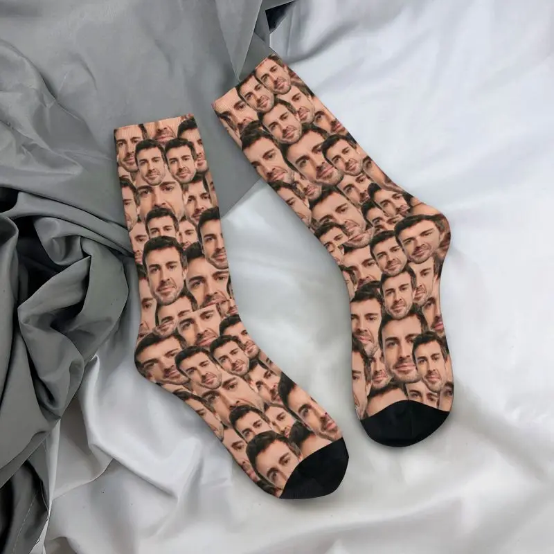 Custom Alonso Head Men Women Crew Socks Unisex Fun 3D Printed Fernando Sports Car Dress Socks