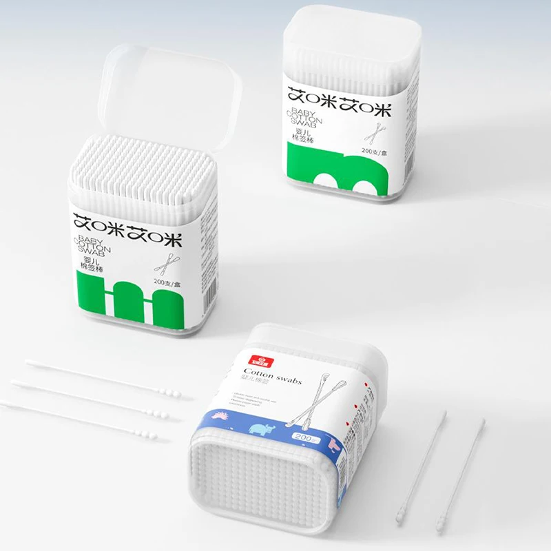 200개/박스 면봉 이중 헤드 종이 막대 귀 청소용 스파이럴 물방울 디자인 면봉 귀 코 청소용 메이크업 클리닝용