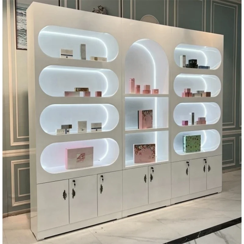 custom.متجر مستحضرات التجميل التصميم الداخلي الأبيض نمط تصميم الخشب رف شاشة العناية بالبشرة متجر جديد صالونات التجميل ديكور المتجر