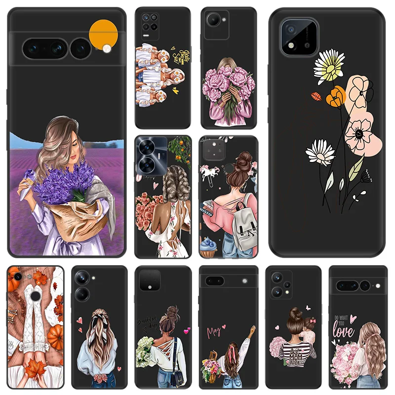 Matte Phone Case for Pixel 8 8a 7 7a 6 Moto Edge 20 30 40 Pro OneFusion G200 Chrysanthemum Lavender Flower Girl Soft Black Cover