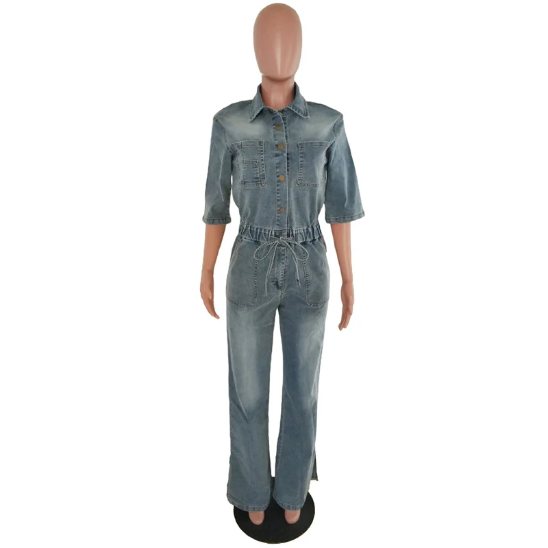 Slergiri Vintage Elastic Waist Washed Denim Jumpsuit Women Fashion New 2026 Summer Half Button Half Sleeve Loose Flare Pants view 3