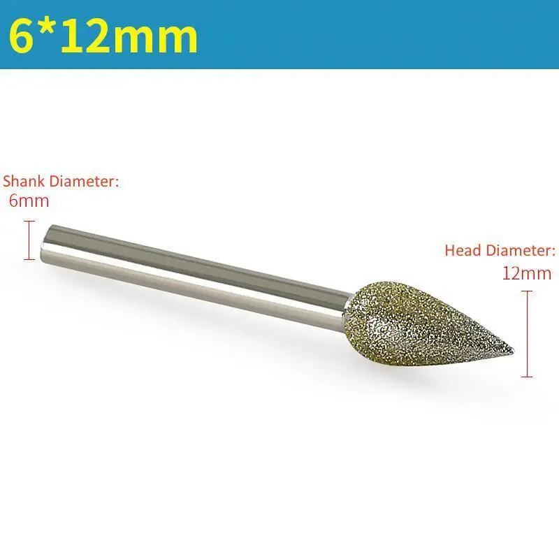 5PCS Dia 6mm Shank Diamond Grinding Burr Drill Bits con testa di molatura 6/8/10/12/14mm per utensili rotanti per incisione Dremel