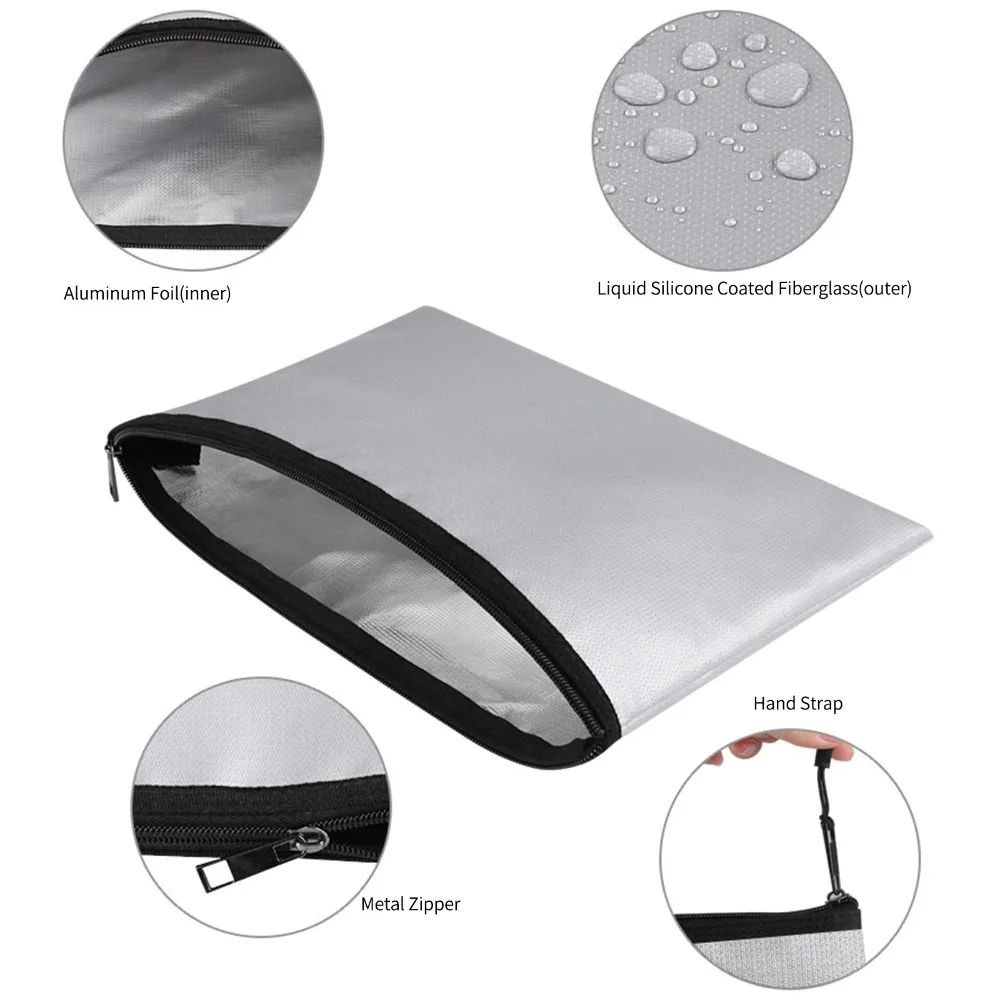 Fiberglass Fireproof Document Bag Fireproof Waterproof Fireproof Money Bag Zipper Closure A4 Size Safe Storage Pouch