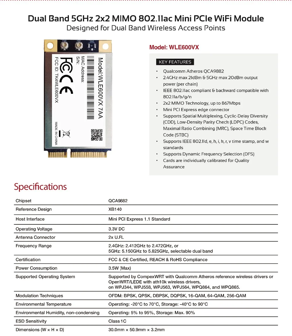 COMPEX WLE600VX 7AA I-TEMP MINI PCIE QUALCOMM Atheros QCA9882 WIFI module MIMO 802.11ac Industrial grade wireless network card