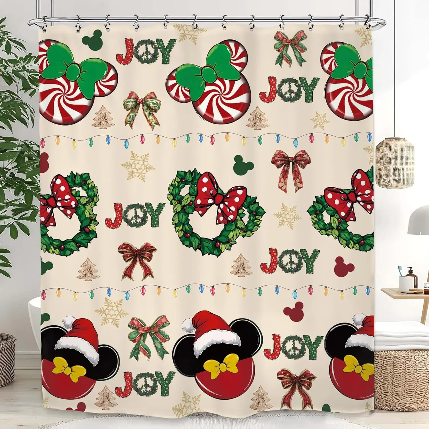 Kids Christmas Shower Curtain Cute Mouse Head Colorful Winter Xmas Lovely Holiday Wreath Bathroom Set Accessories Decor with