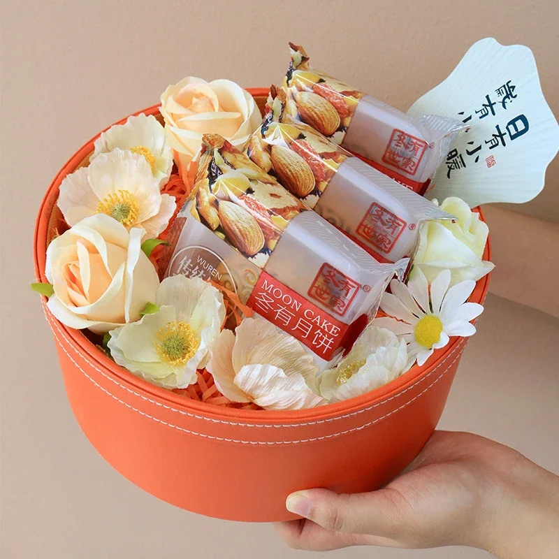 

Round Flower Boxes Florist Gift Box Wedding Party Valentine's Day Leather Handheld Gift Box Flower Hug Bucket Bouquet Boxes