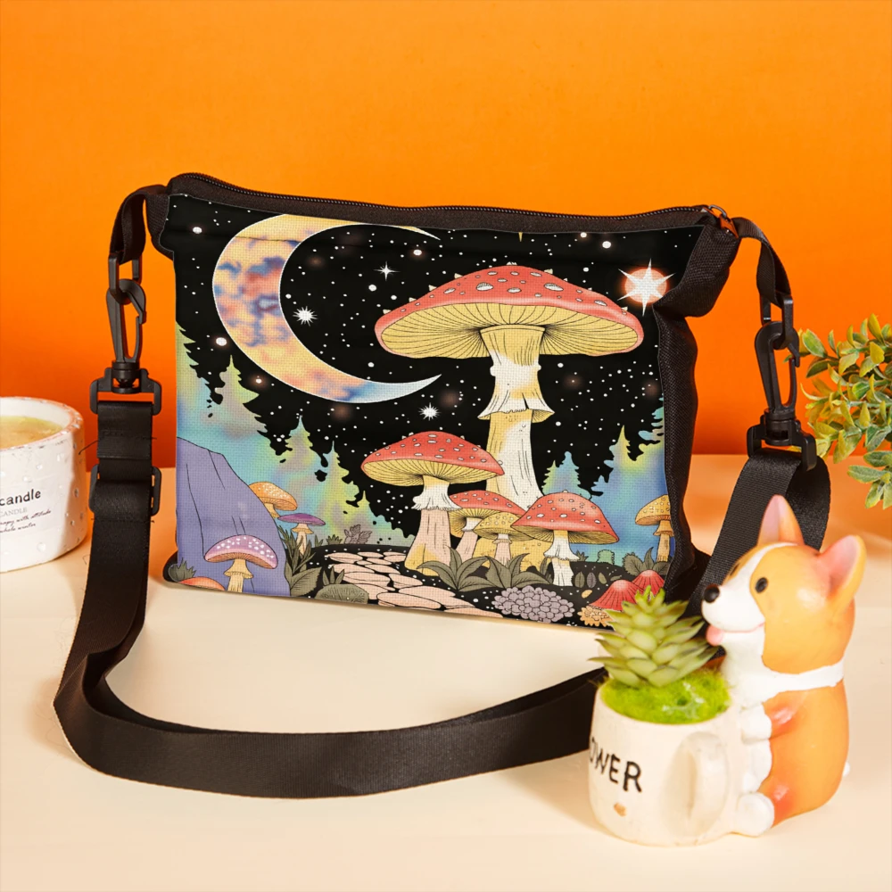 1pc Mushroom Forest Night Sky Crossbody Bag Black Fantasy Mushroom And Moon Print Shoulder Bags For Women Girls Outdoor Travel D