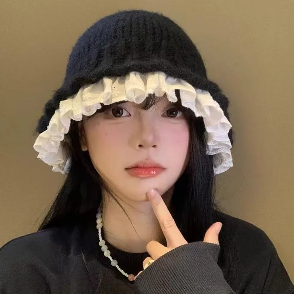 

Sweet Lace Trim Knitted Fisherman Hat Solid Color Yarn Women Bucket Hat Korean Style Large Head Circumference Beanie Hat Holiday