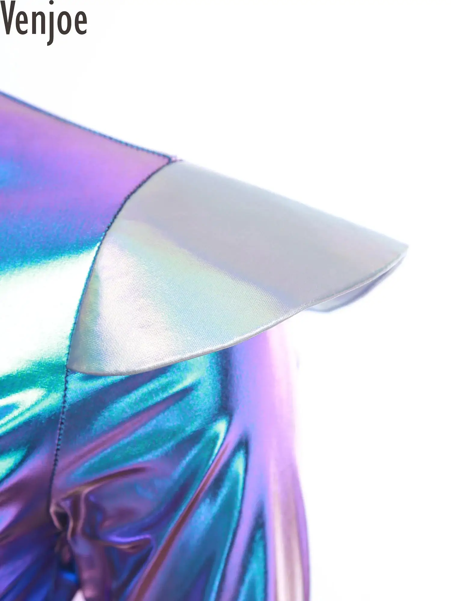 Disfraz de alienígena de Halloween para mujer, vestido acampanado de manga larga con cremallera frontal y cinturón, disfraz de Cosplay del espacio exterior metálico brillante