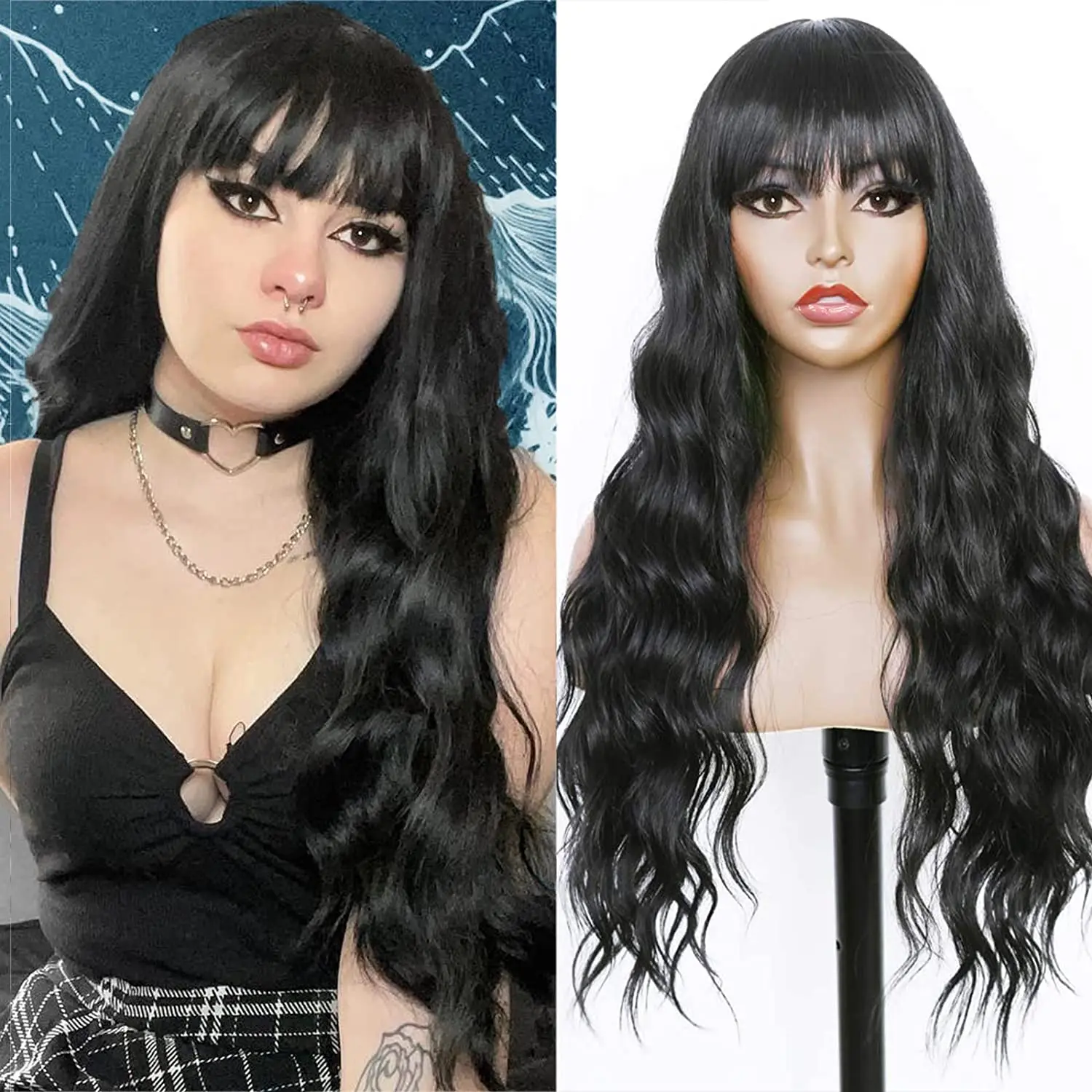 24 inch Long  Synthetic Black Body Wave Wavy with Bangs Wig  Heat Resistant For White Women Daily Party Cosplay  Use