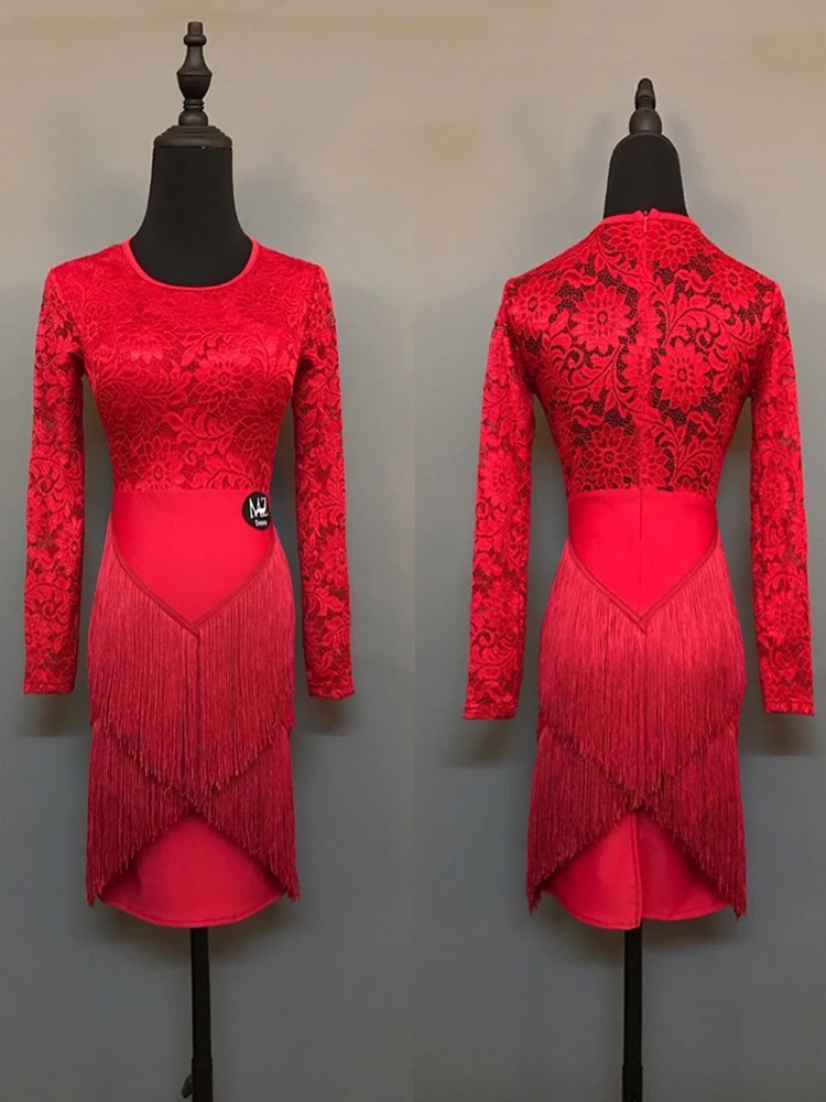 فستان الرقص اللاتيني للنساء السالسا سامبا تشا تشا أزياء رقص كم طويل فساتين الدانتيل الأسود ملابس الأداء اللاتينية 1987