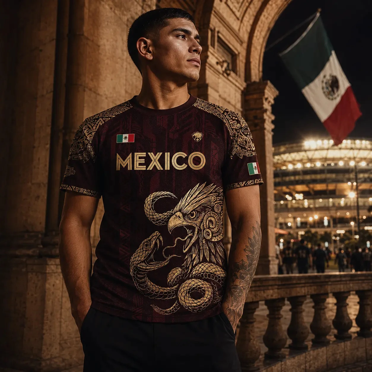 Mexico Soccer Jersey Unisex Streetwear Top Aztec Eagle Graphic Burgundy Gold Short Short Sleeve Football Quick-Dry Parent-child