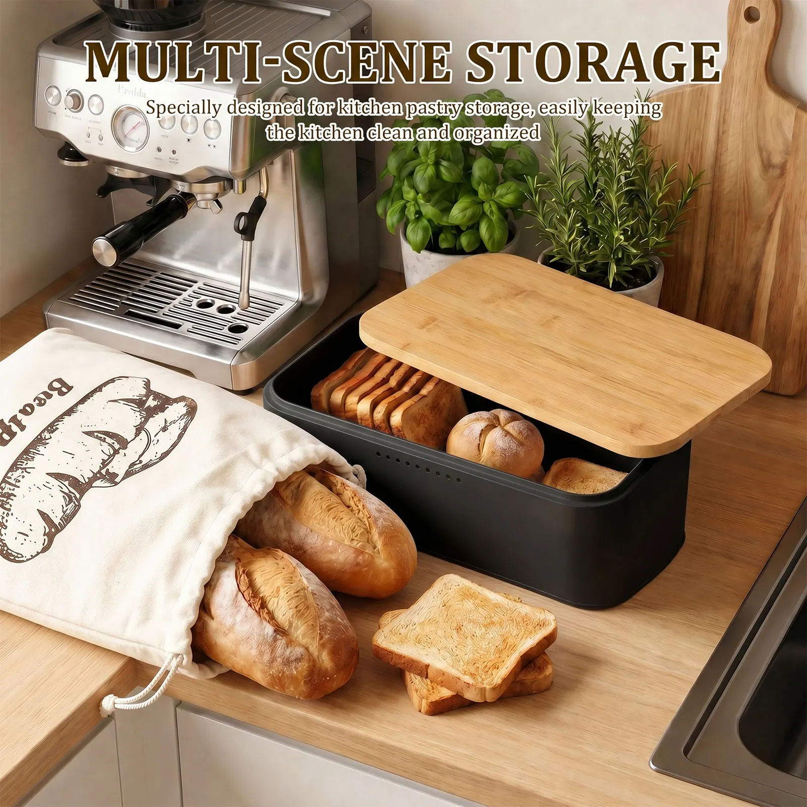 Bread Box Metal Bread Storage Container with Bamboo Cutting Board Lid and Storage Bag Kitchen Ventilated Fresh Keeping Bread Bin