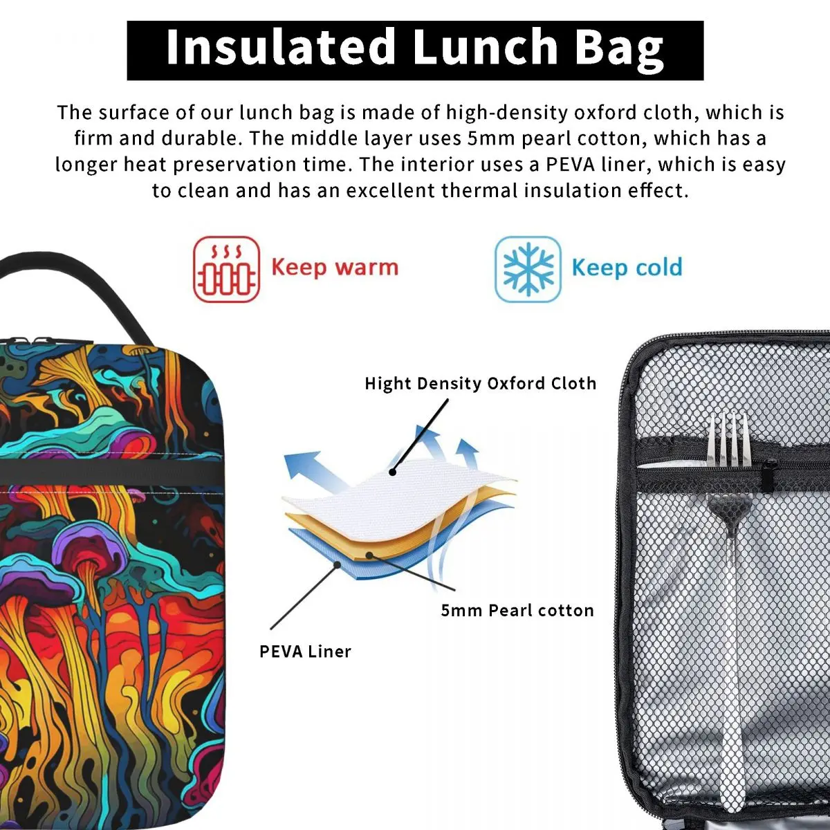 حمض تريبي غريب مخدر متموج الفطر معزول حقيبة الغداء برودة صندوق طعام حراري حمل صناديق الغداء المحمولة الحاويات