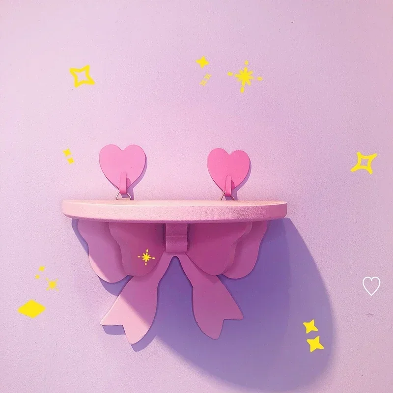 

Japanese Kawaii Pink Bow Bedroom Shelves Wall-mounted Cosmetic Wooden Storage Rack Girly Heart Room Decoration Wall Shelf
