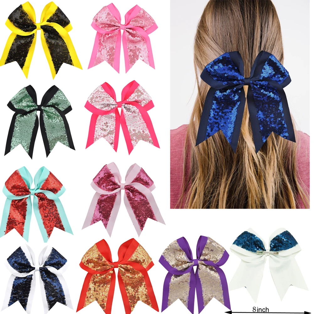 8 inch Women Large Sequin Grosgrain Ribbon Cheer Bow Alligator Clips Barrettes Headwear Teens Sports Cheerleaders Girl Hair Clip