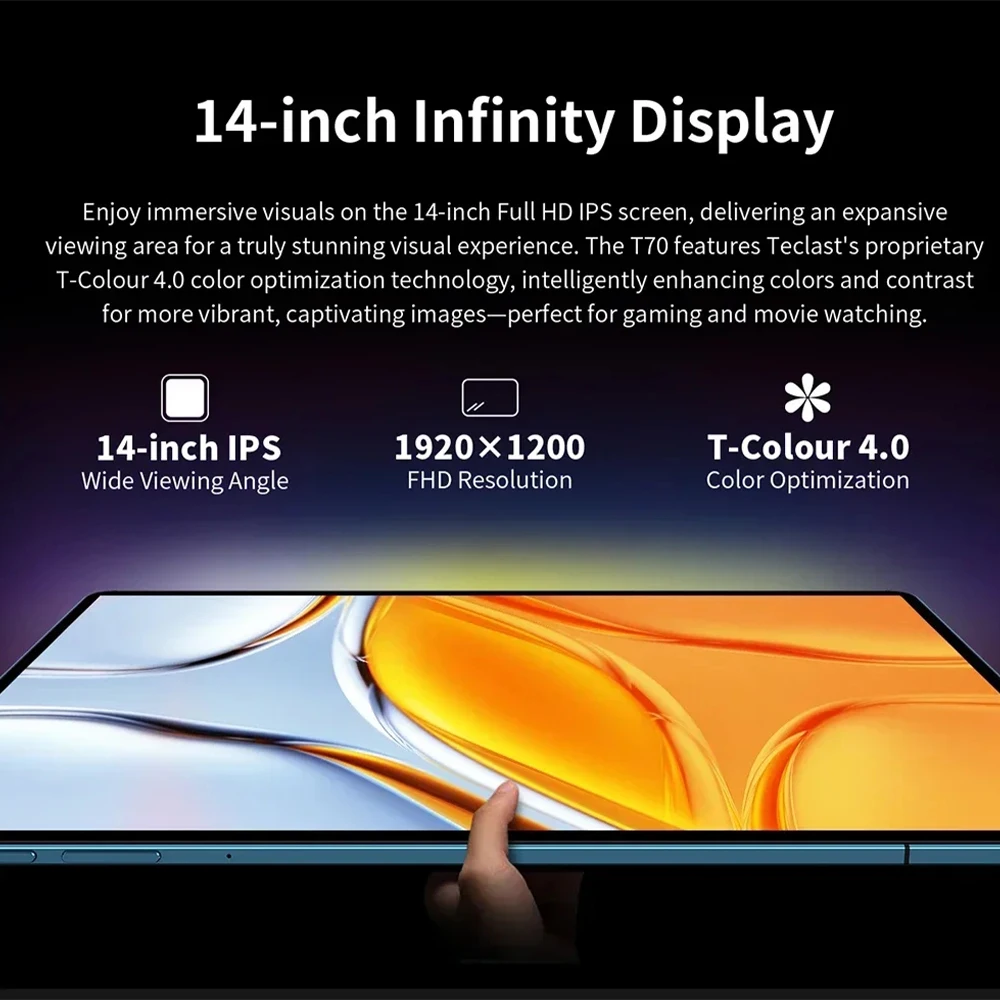 Novo tablet teclast t70 g99 octa-core 14 polegadas fhd ips display 8gb ram 256gb rom android 14 wifi5g 10000mah 13mp + 8mp 4g sim duplo