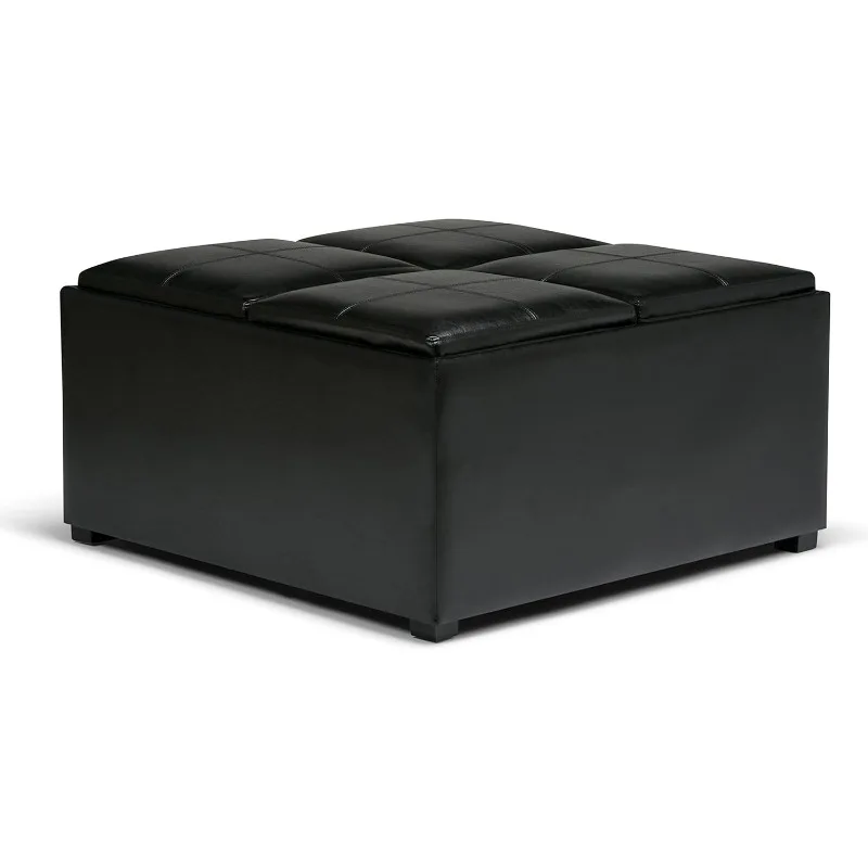 35 inch Wide Contemporary Square Coffee Table Storage Ottoman in Midnight Black Vegan Faux Leather for the Living Room