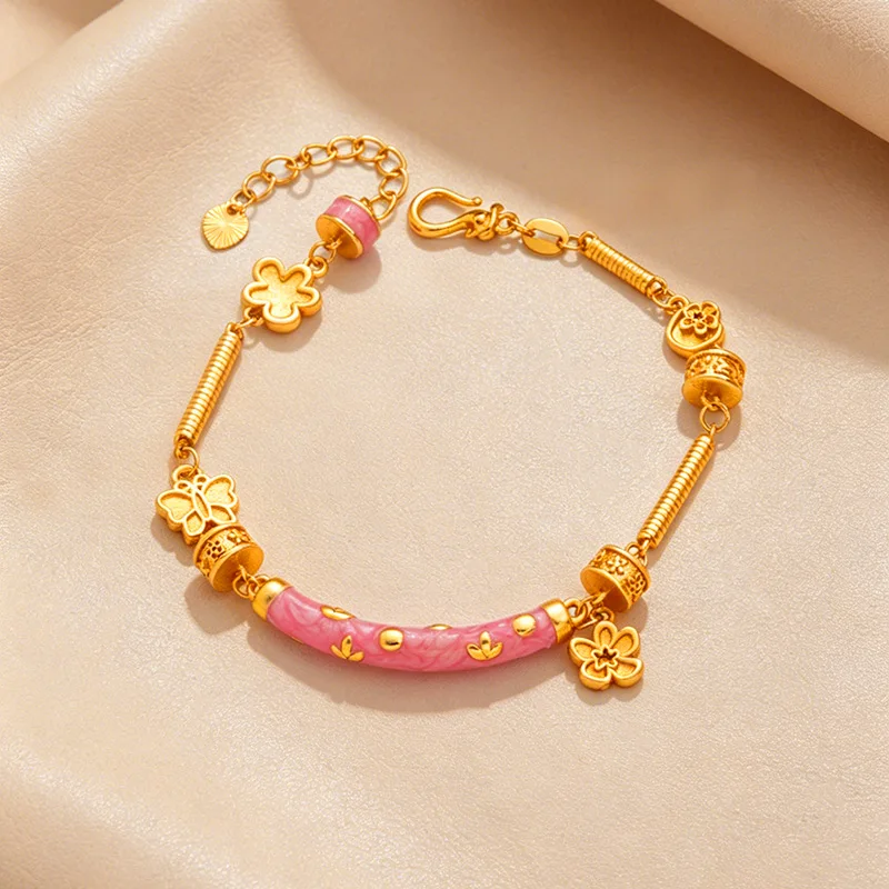 Daily Fresh Enamel Curved Tube Flower Butterfly Half Bangle For Women 24K Gold AU999, Gentle Solid Gold Women Bracelet