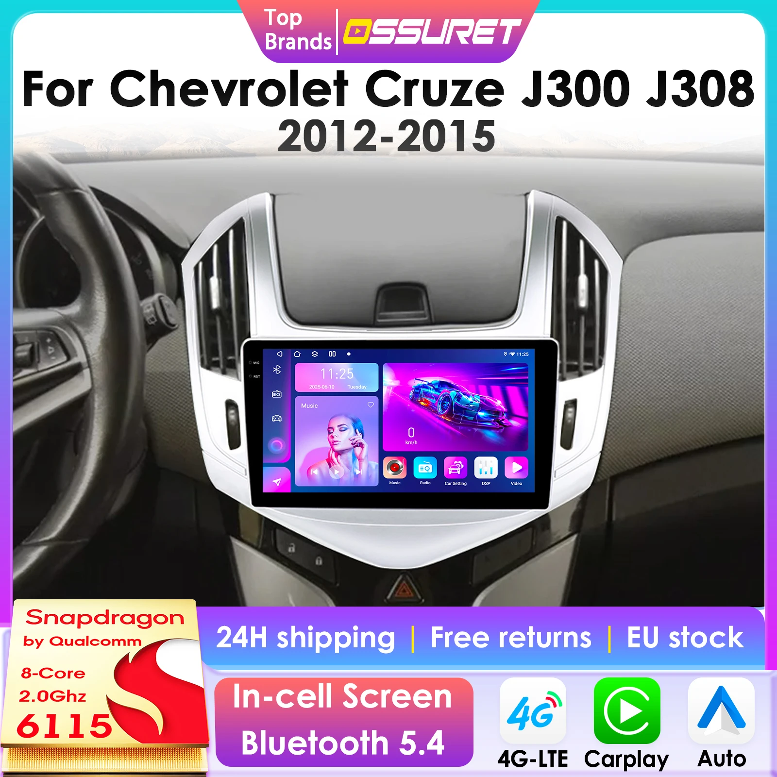 Image of 2Din Carplay Android 14 Autoradio für Chevrolet Cruze J300 J308 2012-2015 Auto-Multimedia-Player Intelligenter Bildschirm Autoradio