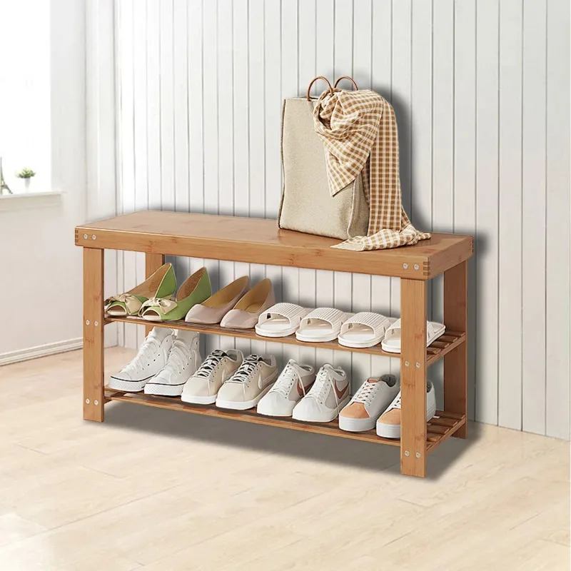 Bamboo Shoe Rack Bench - 3-tier storage for hallway, bathroom, or living room. Natural bamboo design.