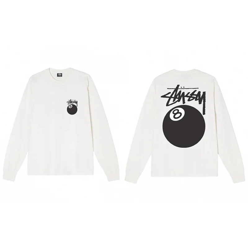 الربيع والخريف STUSSY 8 النمط الأمريكي الموضة الكلاسيكية بسيطة فضفاضة طويلة الأكمام القطن تي شيرت رجل أسود ثمانية تيز