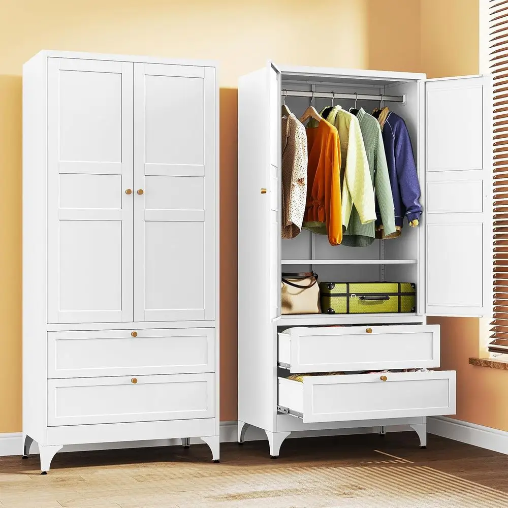 

White Metal Wardrobe with Adjustable Shelves and Hanging Rod for Bedroom Storage