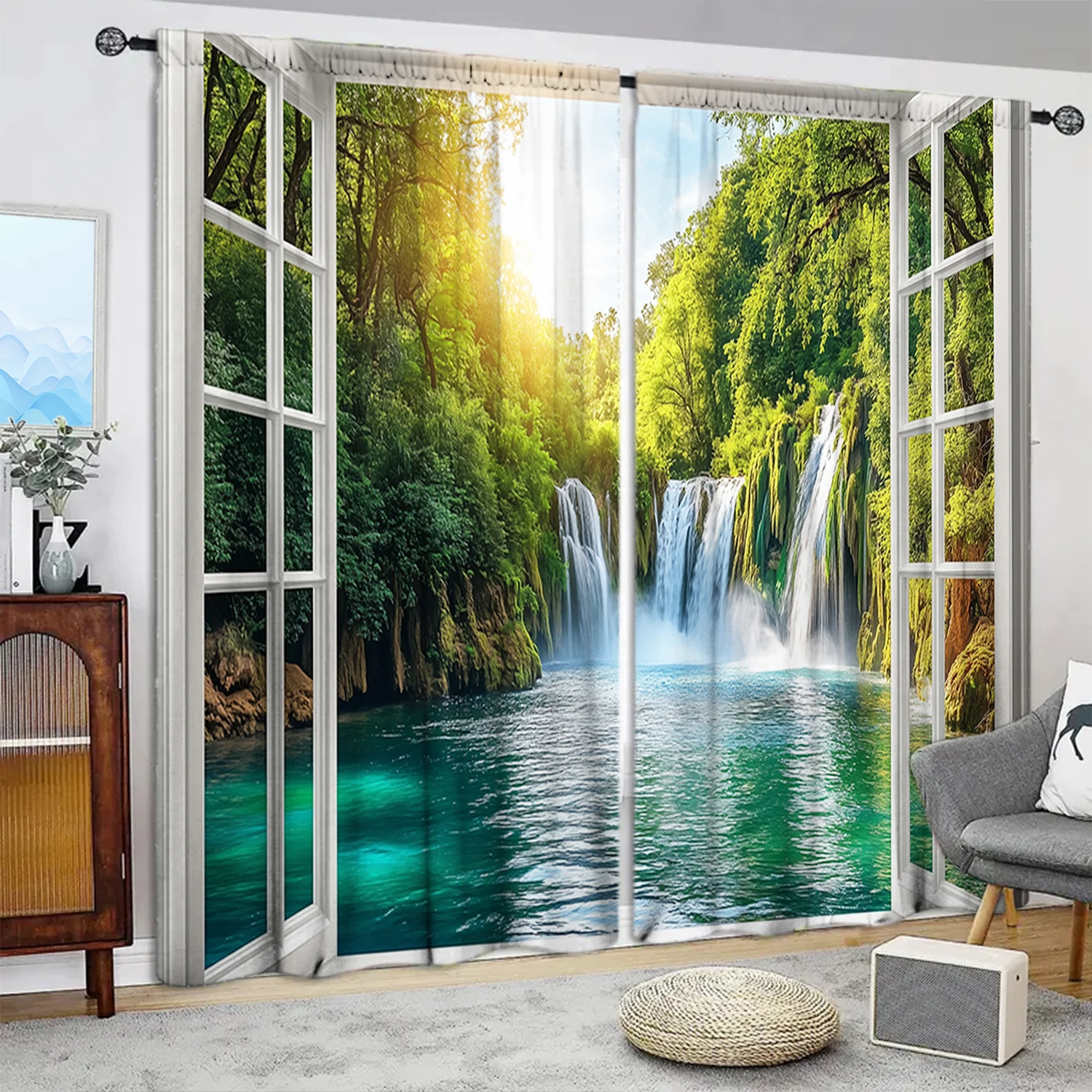 

2pcs Decorate the Landscape Outside the Window Printed Curtain for Home Decor - Rod Pocket Window Treatment for Bedroom, Office,