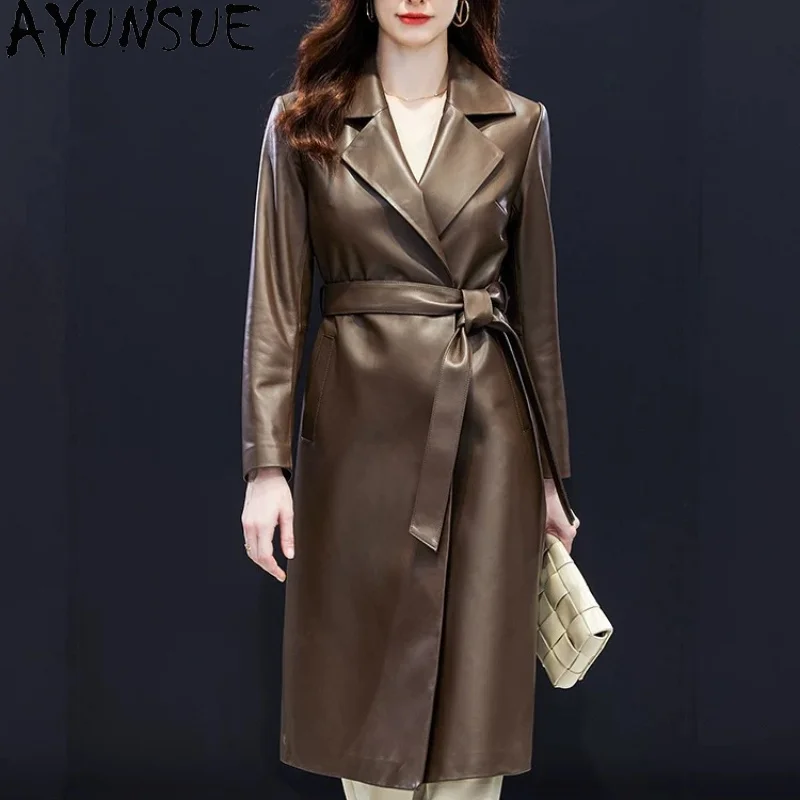AYUNSUE Real Leather Jacket Women Black Fashion Sheepskin Trench Coat for Woman Autumn Clothes Long Style Belt Косуха Женская