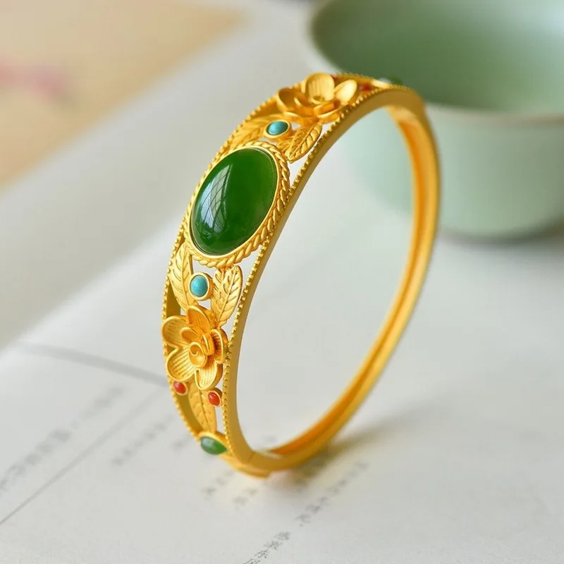 

Natural Hetian jade bracelet Ancient gold craft pastoral style fashion bangles for women wedding jewelry jade bracelet