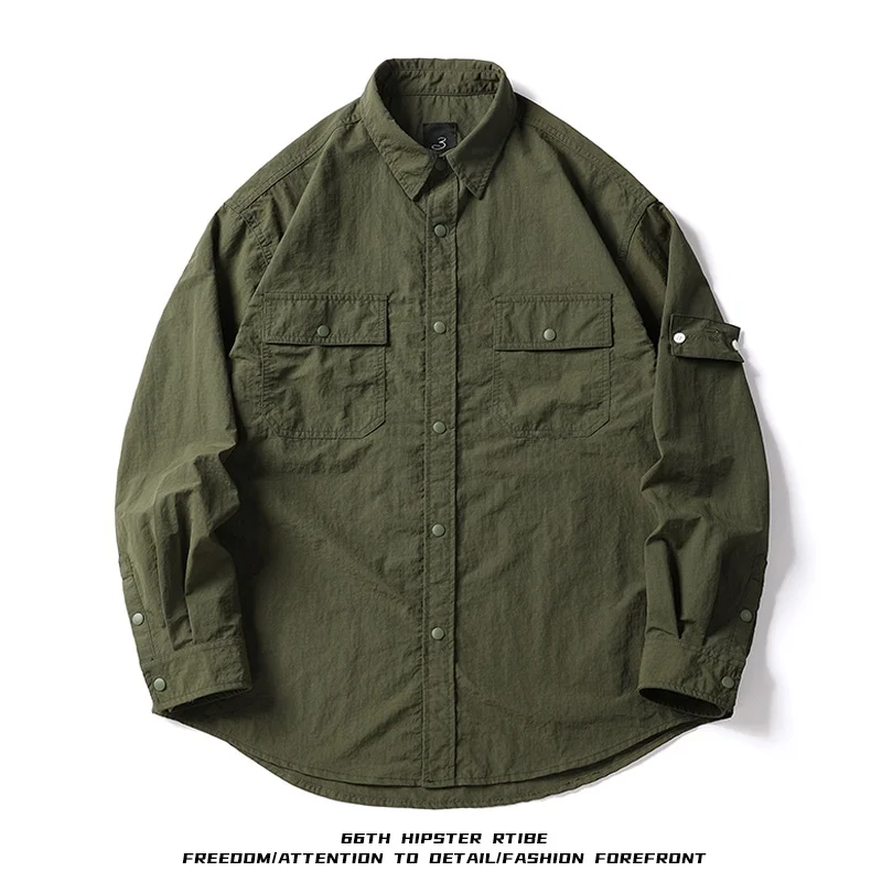 

Повседневная свободная мужская рубашка с длинным рукавом, осенняя новинка, в японском ретро-стиле, с карманами, из нейлоновой ткани, тонкая, стандартного кроя