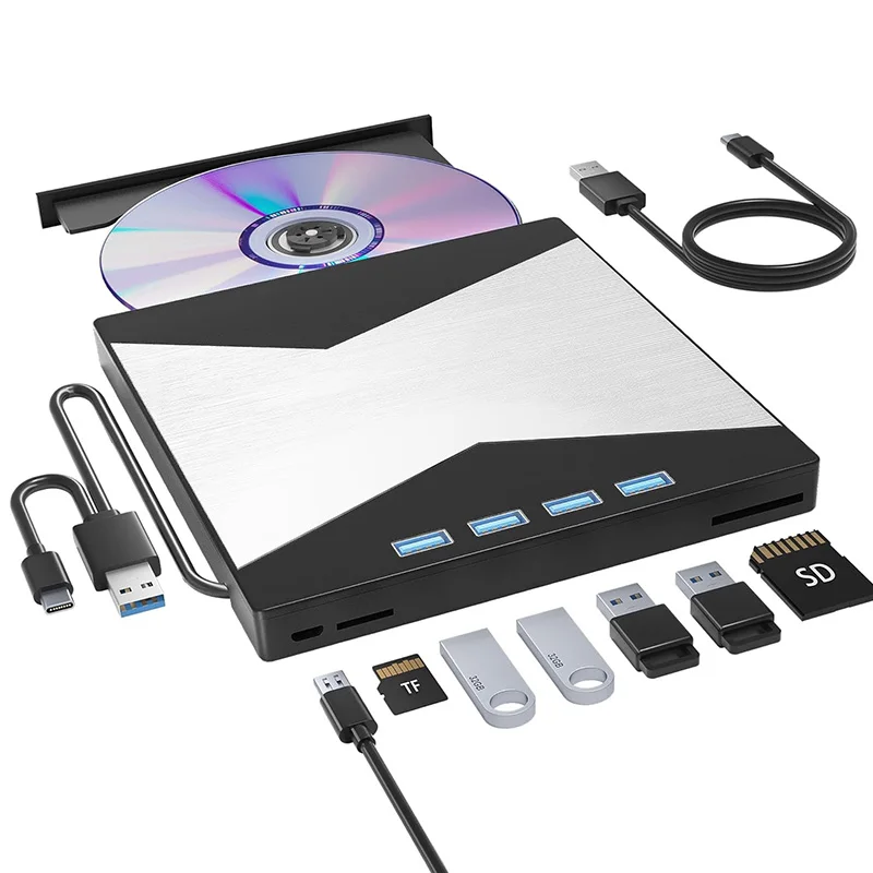 External CD/DVD Drive for Laptop DVD Player for PC 8-IN-1 CD Burner with 4 USB Ports and TF/SD Card Slots External Disk Drives