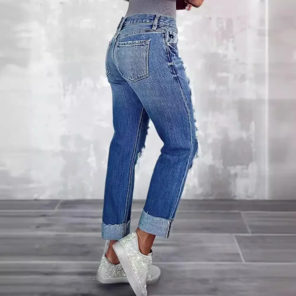 Jeans a vita alta strappati a gamba dritta, pantaloni dritti di nuova moda primavera ed estate da donna, Jeans Abrade di personalità di strada