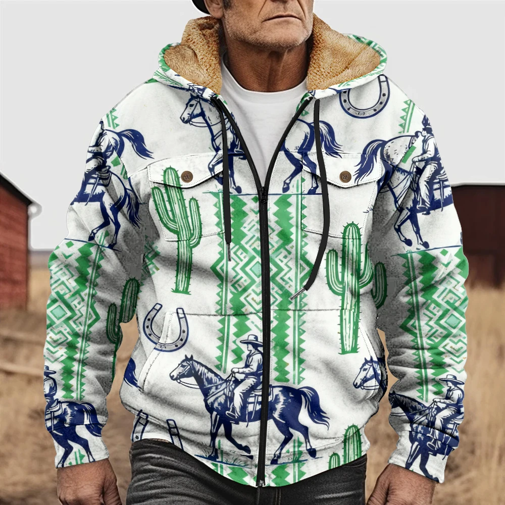 

Мужская куртка с капюшоном в стиле вестерн, ковбойский кактус, теплая куртка на подкладке из искусственного меха, винтажный юго-западный стиль, повседневная зимняя одежда для улицы