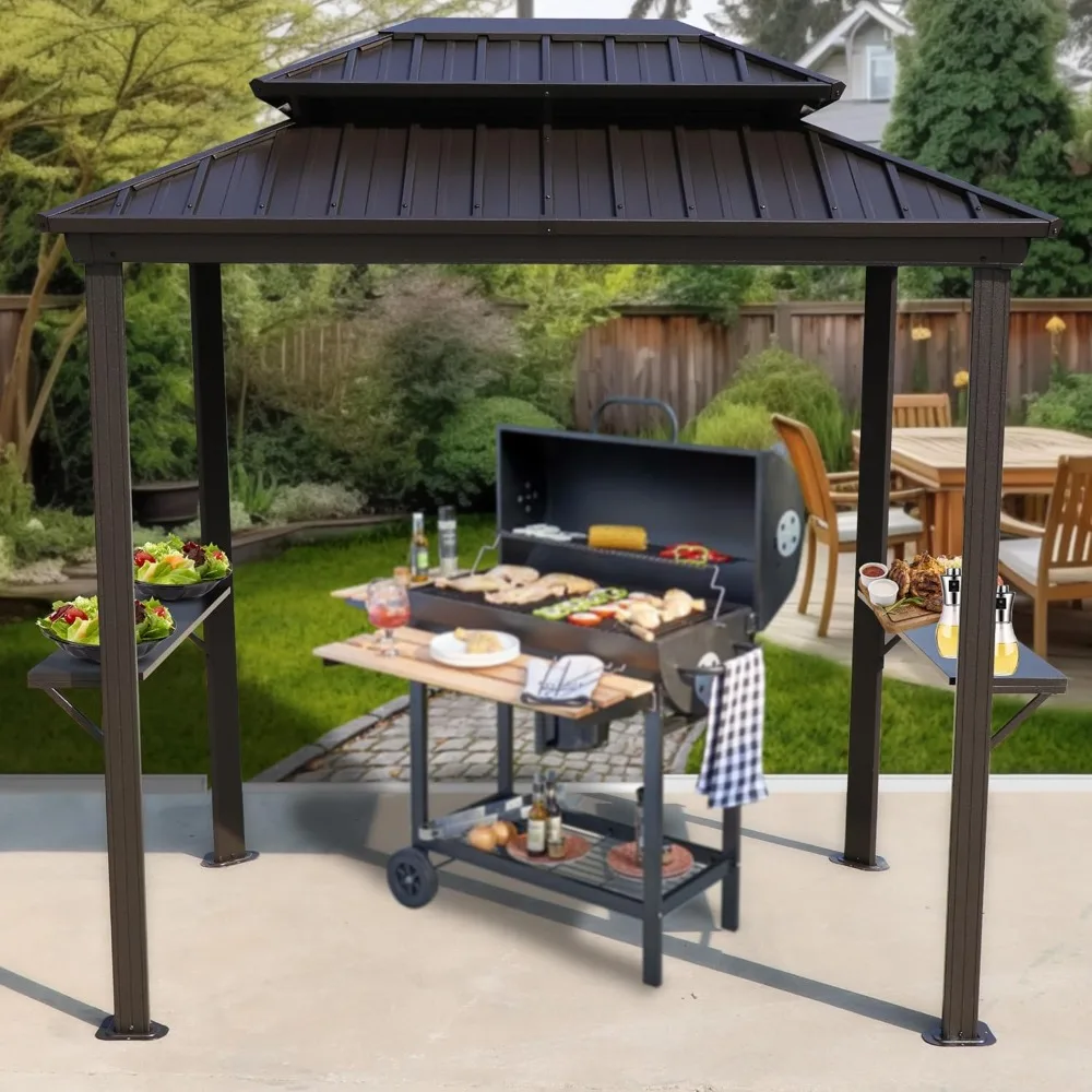 

Hardtop Grill Gazebo with Double Galvanized Metal Roof, Outdoor Grilling Station with 2 Side Shelves, Aluminum Grill Gazebo