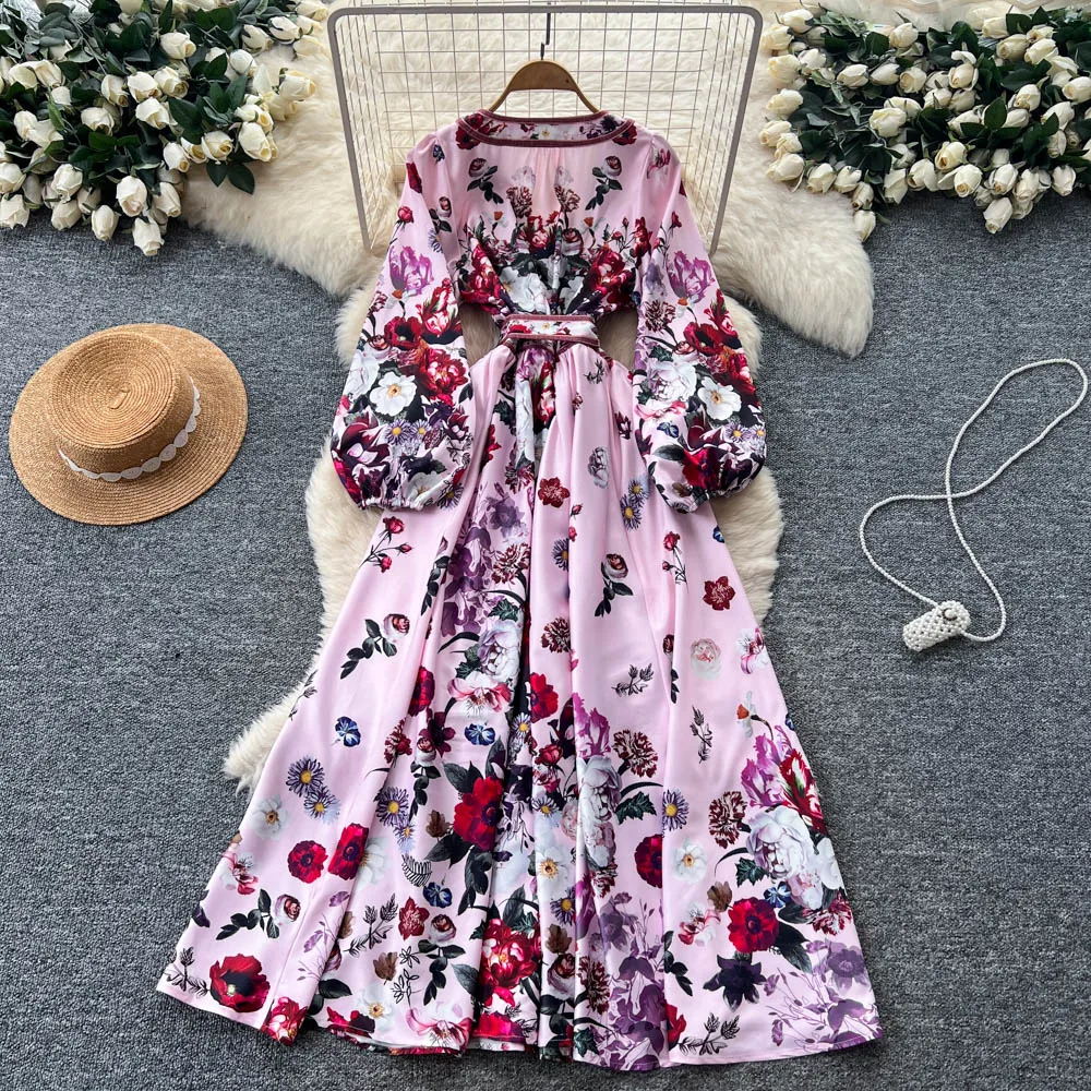 Robe rétro élégante, col en v, imprimé fendu, manches longues, décontractée, taille haute, vêtements pour femmes, robes de cérémonie