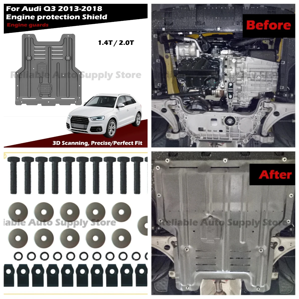

Perfect Fit Engine Splash Shield For Audi Q3 2013-2018 - 3D Scanned Lightweight Design - Durable Plastic Steel & Anti-Rust