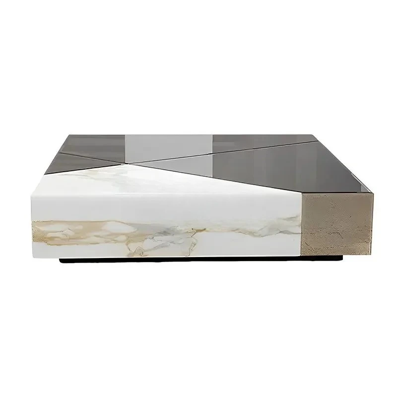 

Italian square coffee table minimalist modern marble coffee table silver mirror edge glass tea table