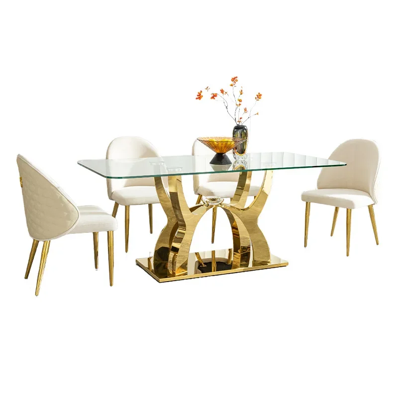 

High-end tempered glass dining table household modern light luxury villa restaurant designer stainless steel dining table and