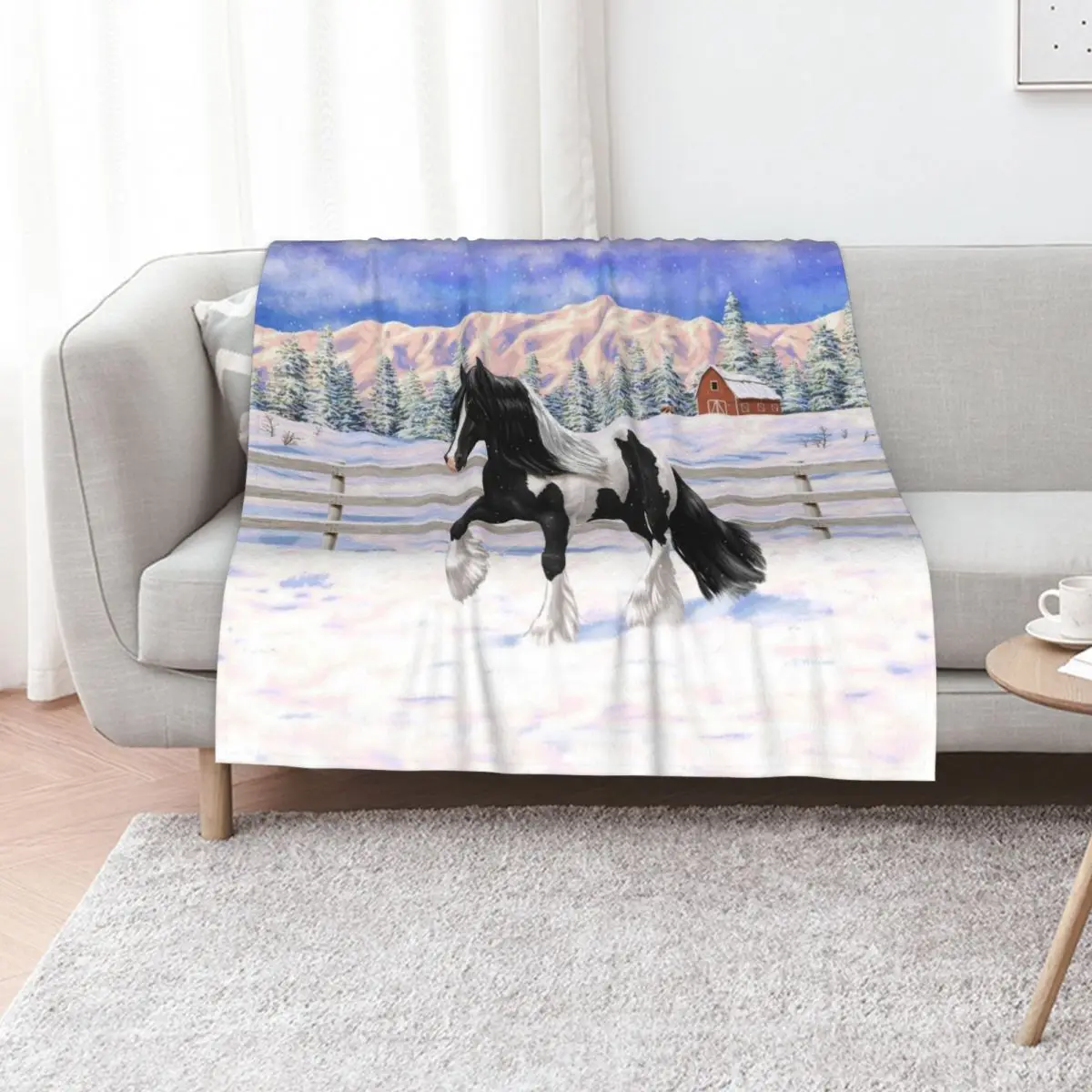 

Black Pinto Piebald Gypsy Vanner Draft Horse In Snow Throw Blanket Soft Plaid Summer Thin Flannel Blankets