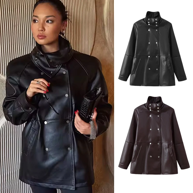 Giacca in pelle da donna 2025 Autunno Inverno New Fashion Tinta unita Manica lunga Cappotto doppiopetto Capispalla femminile chic per il tempo libero