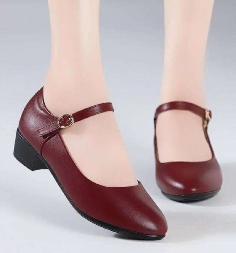 Women Cute Round Toe High Quality Black Buckle Strap Spring & Summer Square Heel Shoes Lady Classic Comfort Office Shoes B143